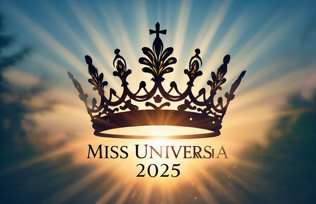 Create a realistic image of a silhouette of a crown against a sunset backdrop with "Miss Universe 2025" elegantly displayed beneath it, surrounded by soft light rays symbolizing hope and anticipation for the upcoming pageant.