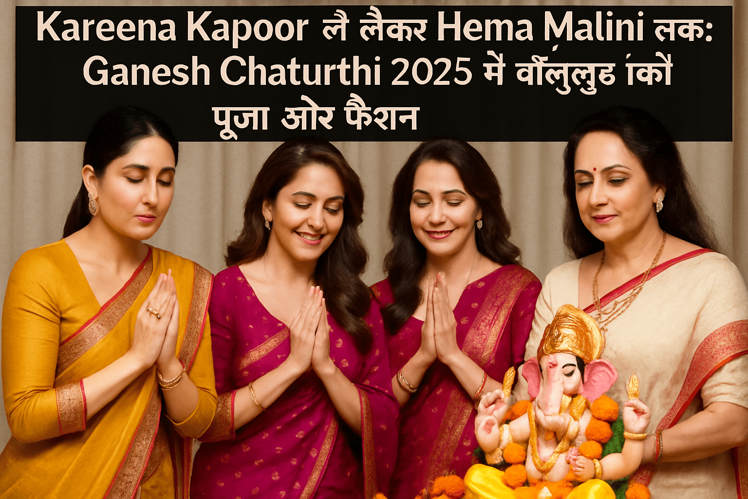 Kareena Kapoor से लेकर Hema Malini तक: Ganesh Chaturthi 2025 में बॉलीवुड सितारों की पूजा और फैशन ] sath meheroin aur ganeshi ka murti bhi puja karte huye