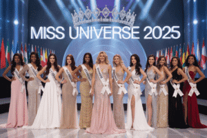 Miss Universe 2025 beauty pageant contestants smiling on stage in elegant evening gowns with sashes, under bright stage lights.