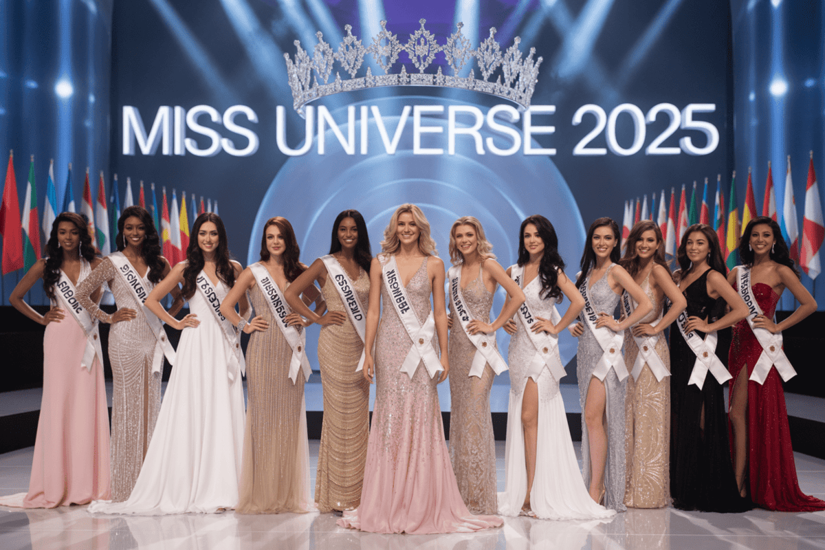 Miss Universe 2025 beauty pageant contestants smiling on stage in elegant evening gowns with sashes, under bright stage lights.