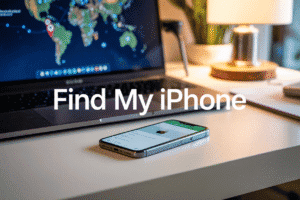 Find My iPhone app on a modern workspace with MacBook and smartphone, tech tools, digital security, innovative Apple product, workspace setup.