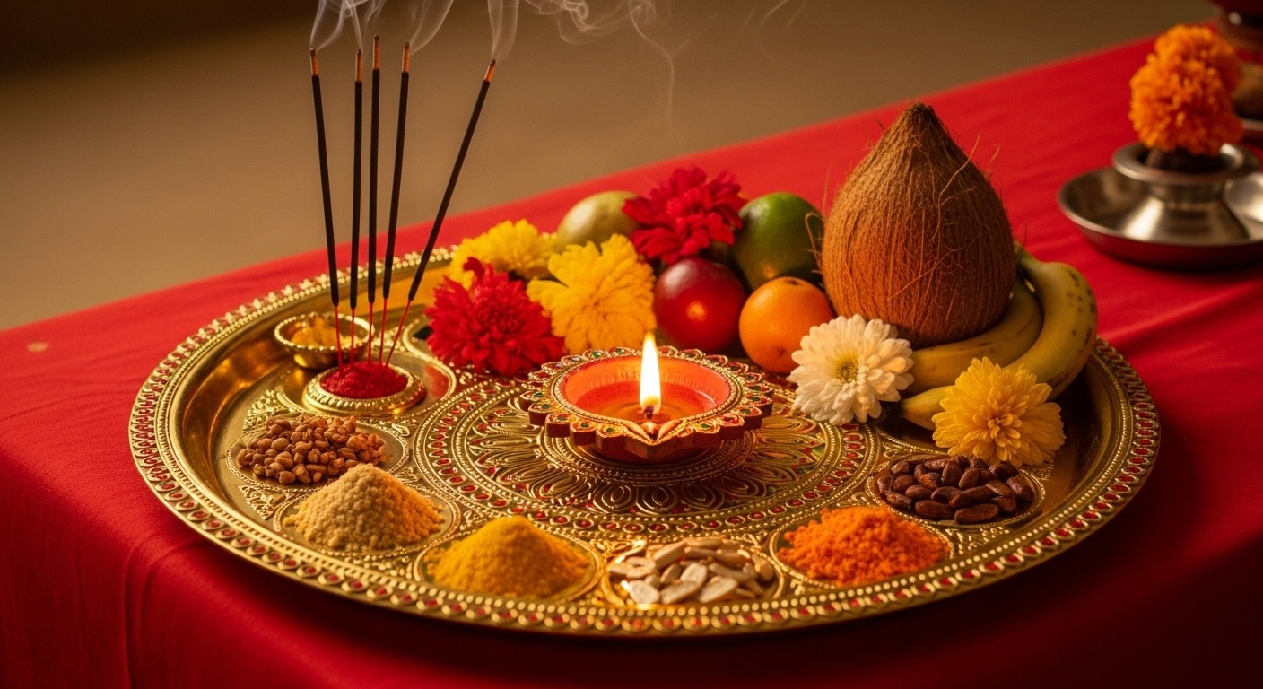 Puja Thali with Diya and Flowers