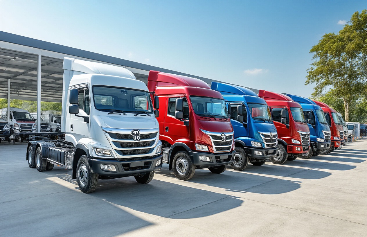 Create a realistic image of a modern Tata commercial vehicle showroom or dealership lot featuring multiple powerful trucks and pickup vehicles from the 2025 lineup parked in organized rows, with gleaming metallic paint finishes in various colors including white, blue, and red, set against a clean concrete surface with professional lighting highlighting the robust design and build quality of the vehicles, complemented by a clear blue sky background and subtle shadows that emphasize the reliability and strength of these commercial vehicles, capturing the essence of trust and power associated with Tata's commercial vehicle range, Absolutely NO text should be in the scene.